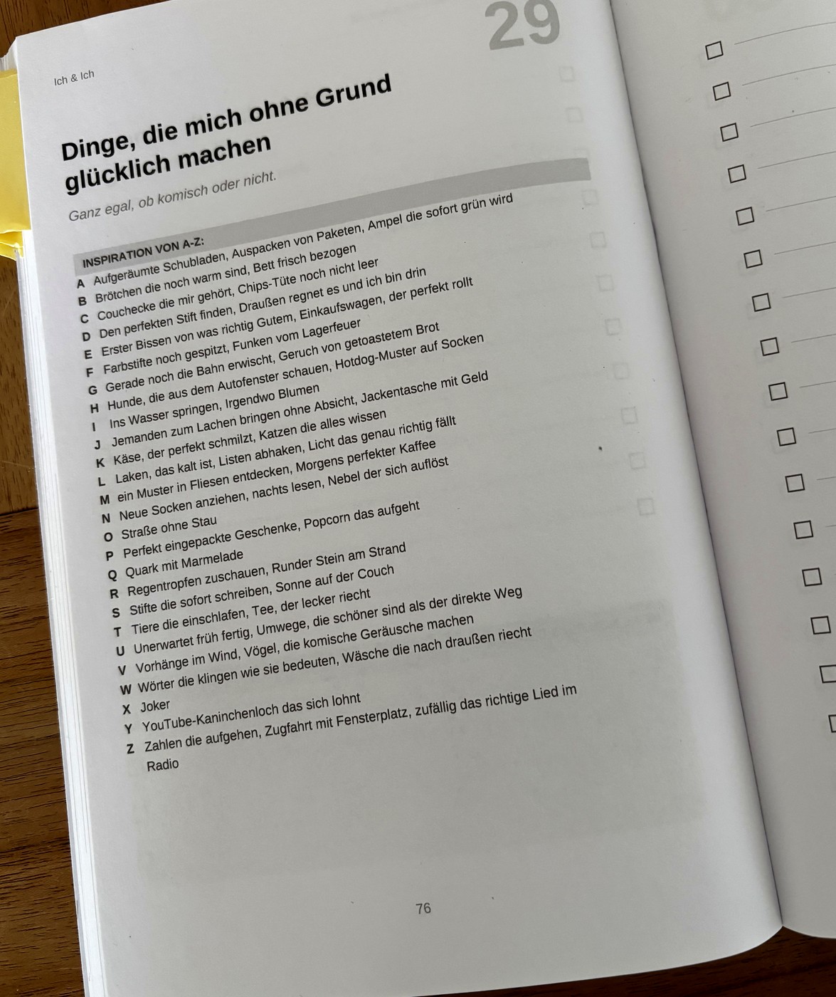 Ausgefüllte Seite: Dinge, die mich ohne Grund glücklich machen